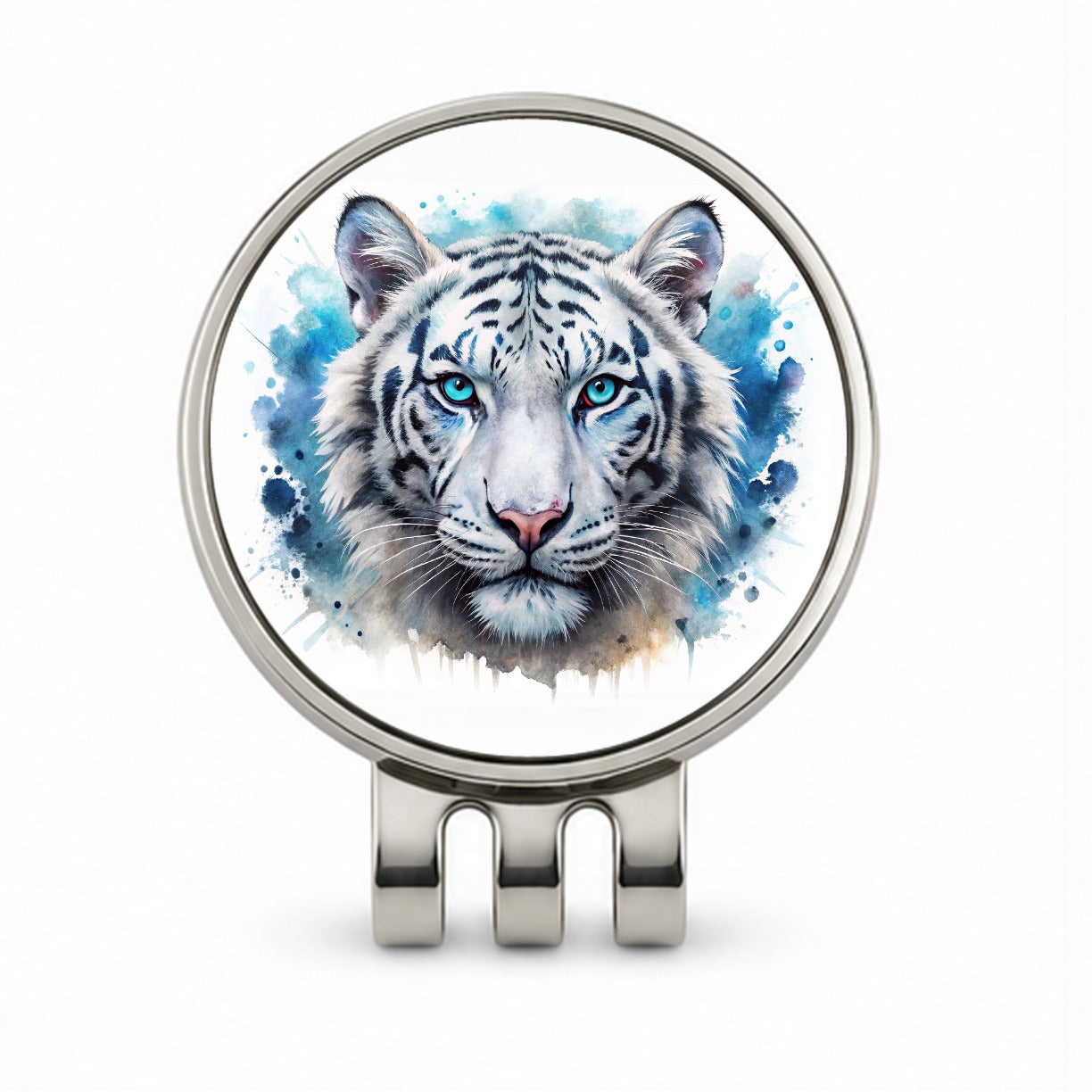 White Tiger Face Watercolor Golf Hat Clip with Ball Marker