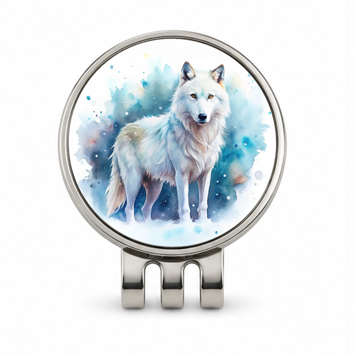 White Wolf Watercolor Golf Hat Clip with Ball Marker