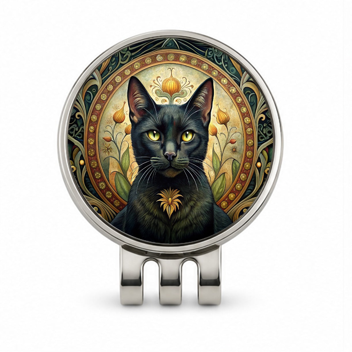 Black Cat Art Nouveau Golf Hat Clip with Ball Marker