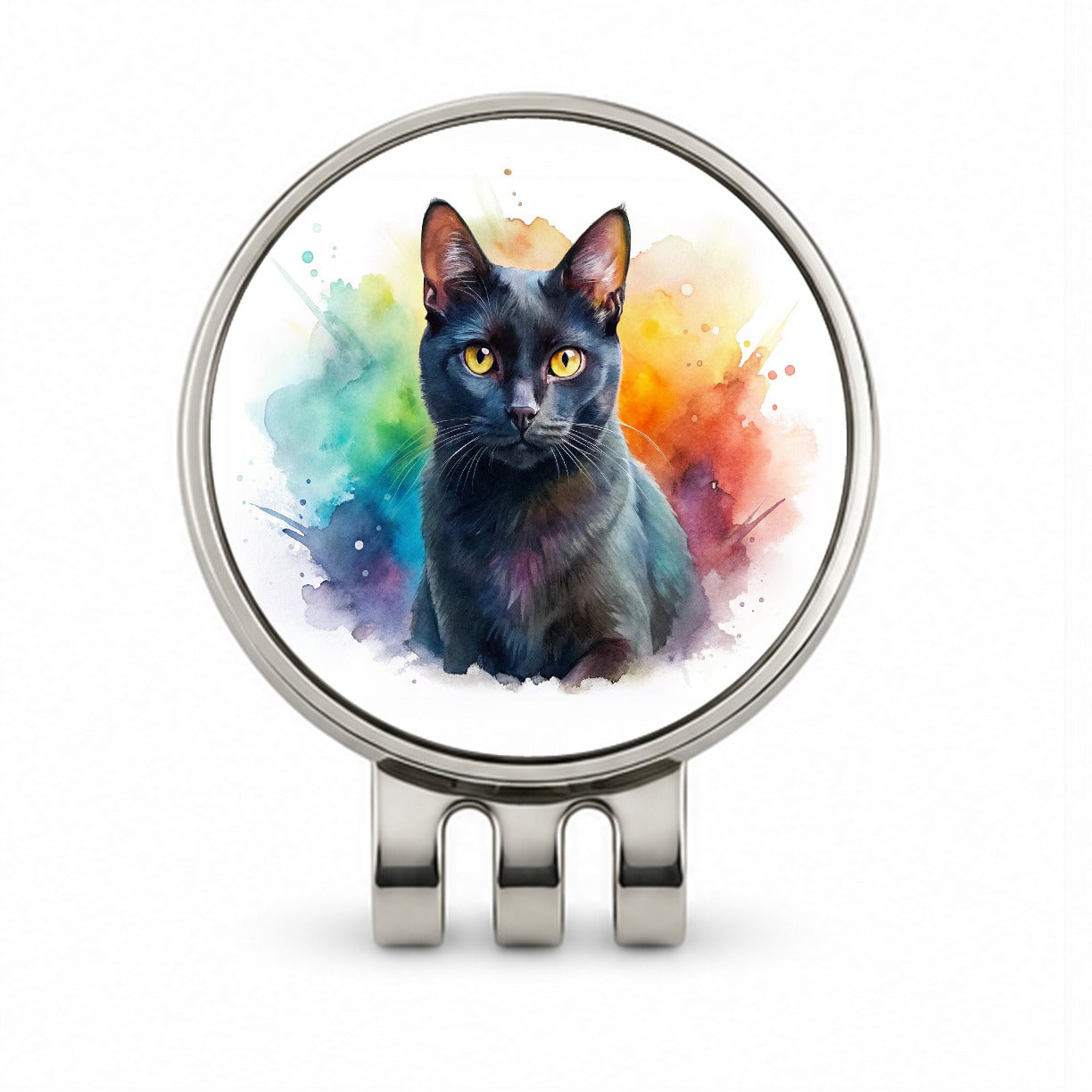 Black Cat Watercolor Style Golf Hat Clip with Ball Marker