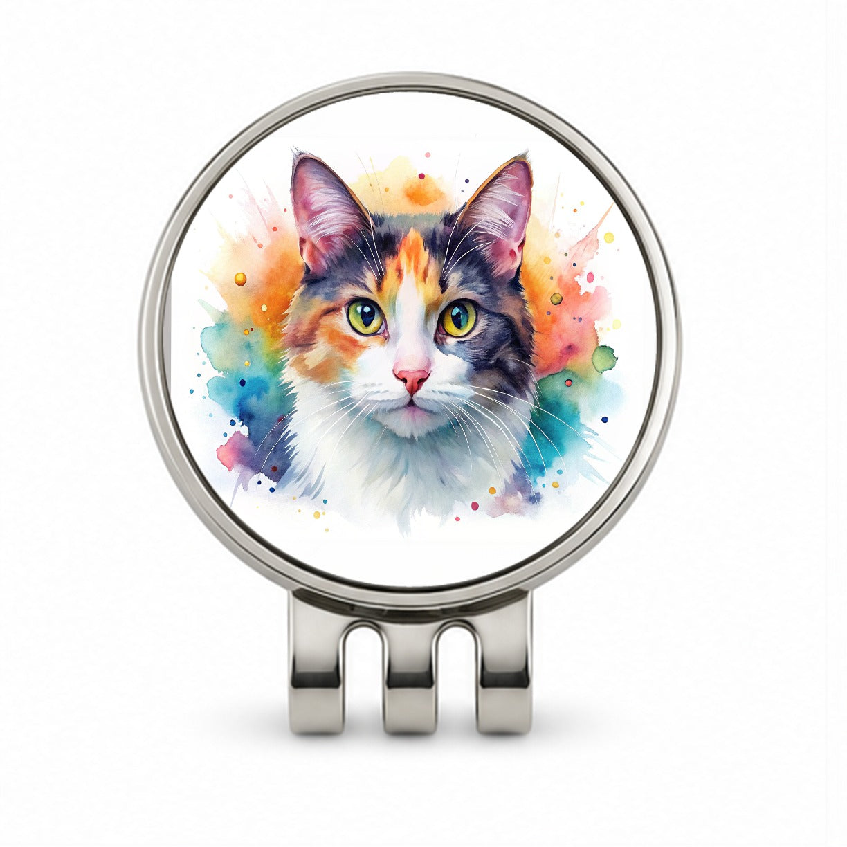 Calico Cat Watercolor Style Golf Hat Clip with Ball Marker