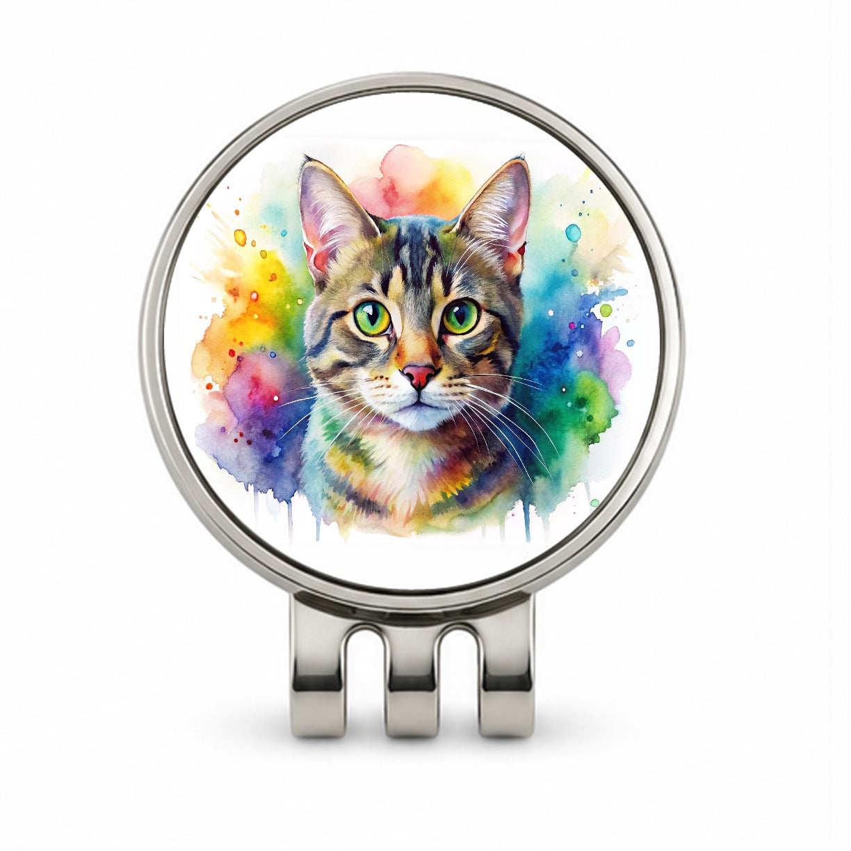 Tabby Cat Watercolor Style Golf Hat Clip with Ball Marker