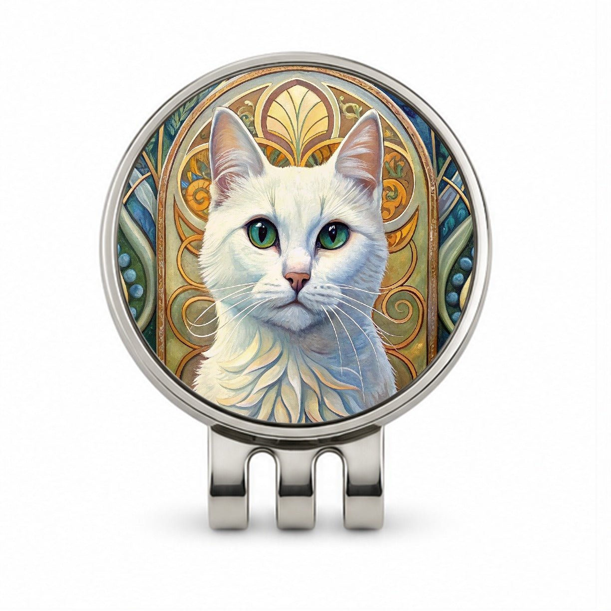 White Cat Art Nouveau Golf Hat Clip with Ball Marker