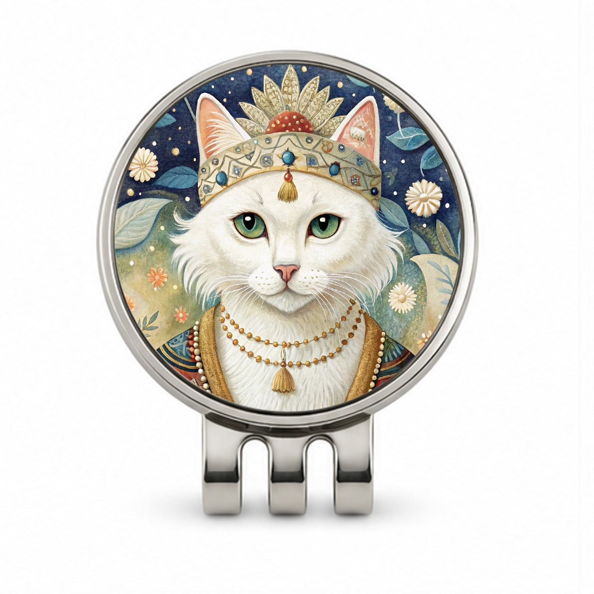 White Cat French Bohemian Art Golf Hat Clip with Ball Marker