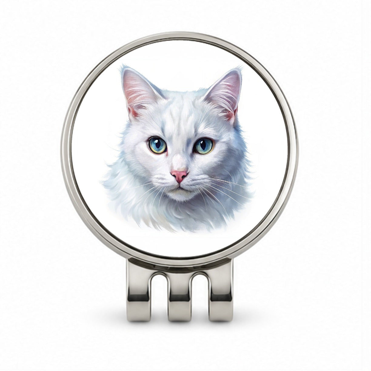 White Cat Illustration Golf Hat Clip with Ball Marker