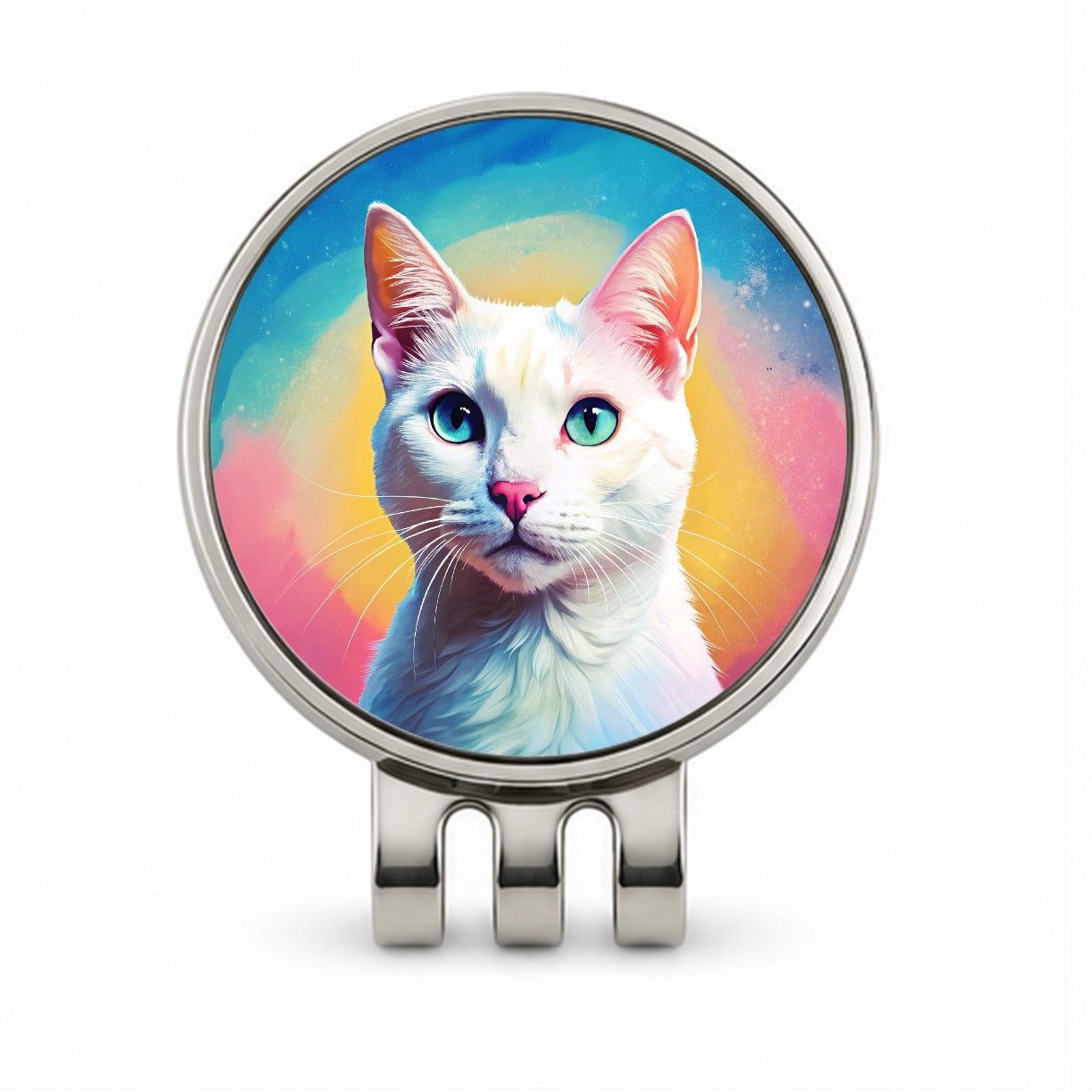White Cat Pop Art Golf Hat Clip with Ball Marker