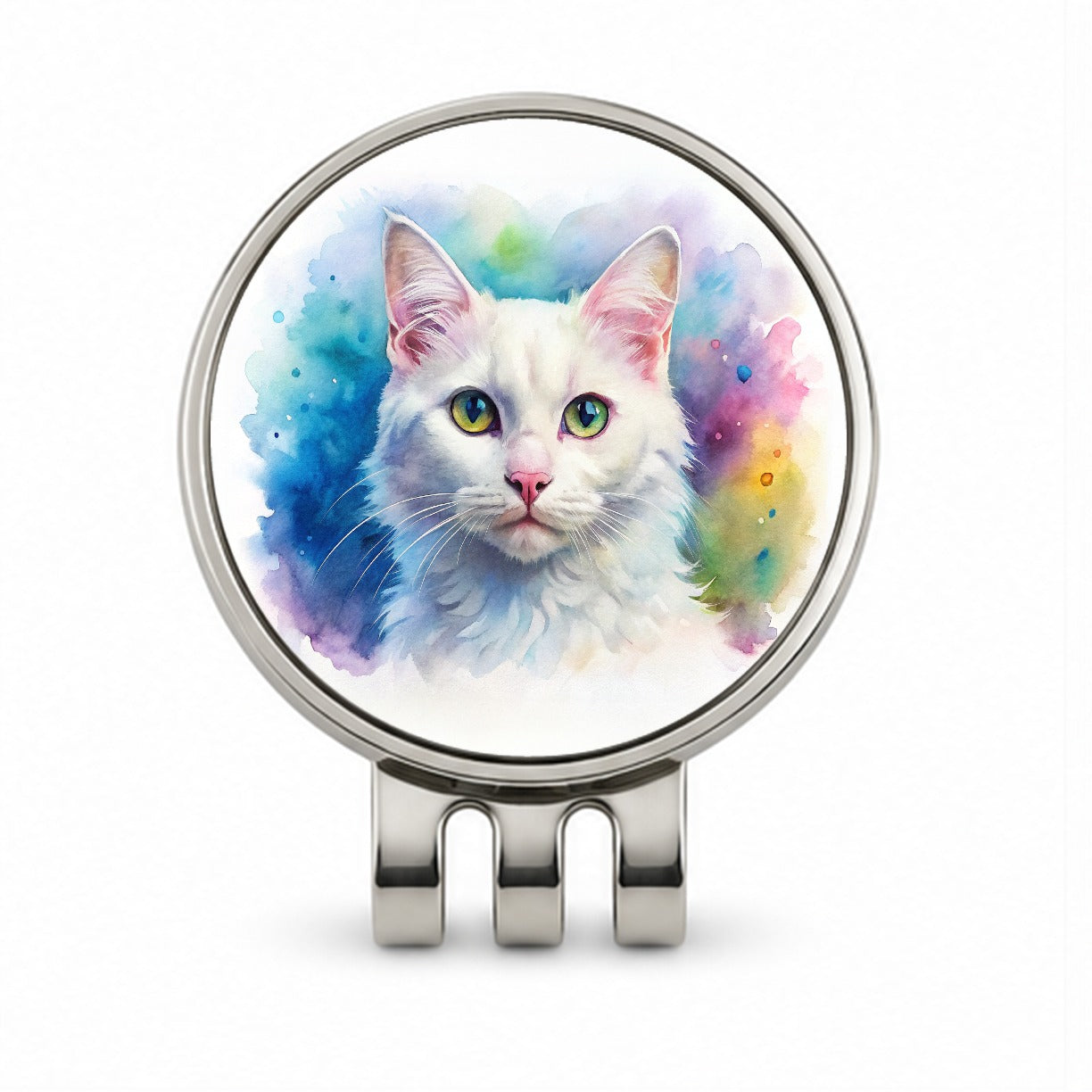 White Cat Watercolor Style Golf Hat Clip with Ball Marker