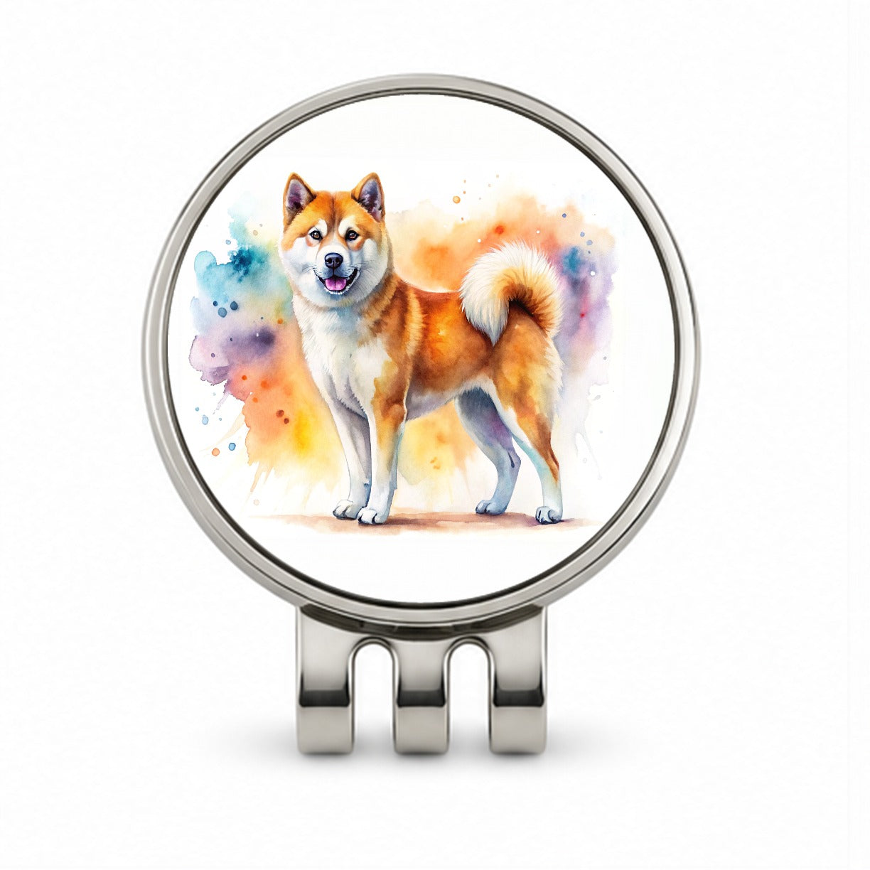 Akita Dog Watercolor Style Golf Hat Clip with Ball Marker