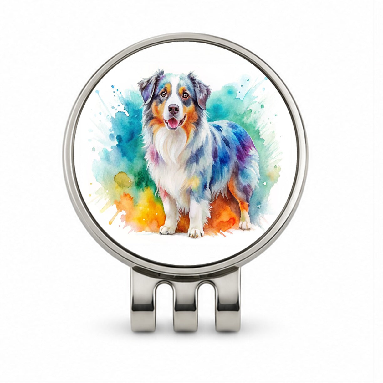 Australian Shepherd Dog Watercolor Style Golf Hat Clip with Ball Marker