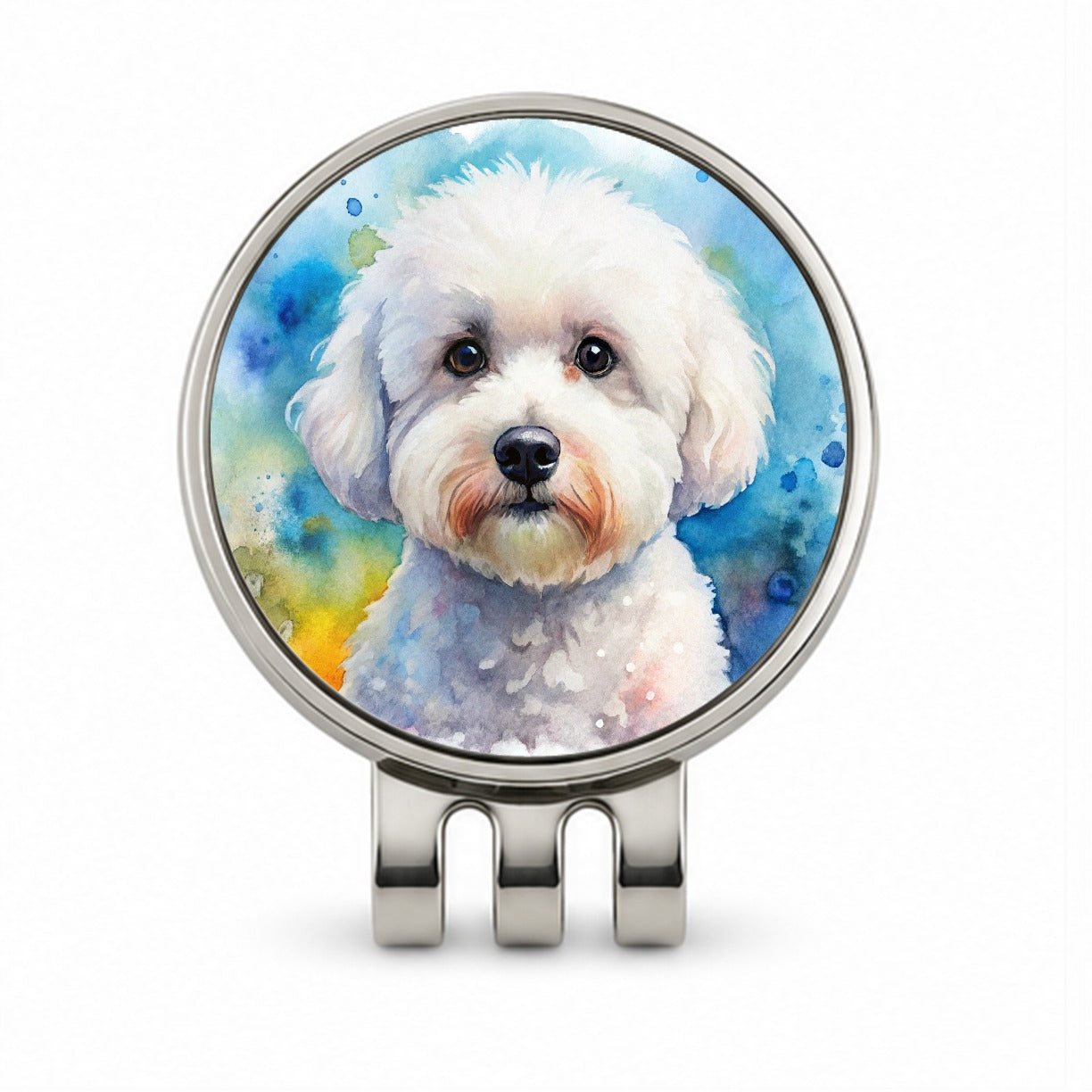 Bichon Frise Dog Watercolor Style Golf Hat Clip with Ball Marker