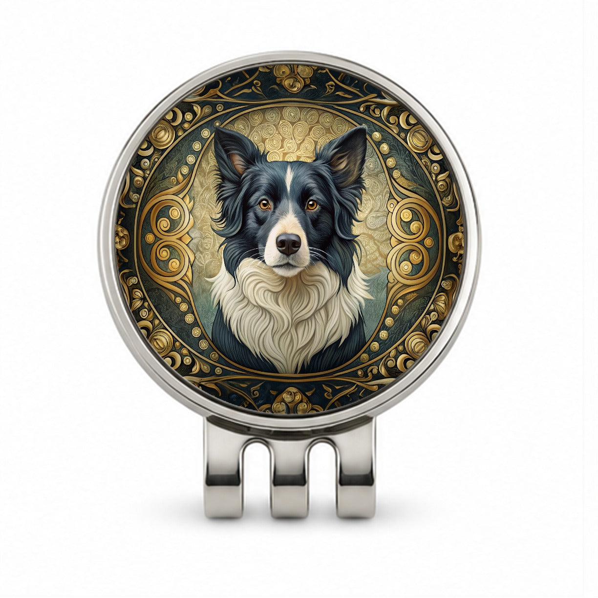 Border Collie Dog Art Nouveau Golf Hat Clip with Ball Marker