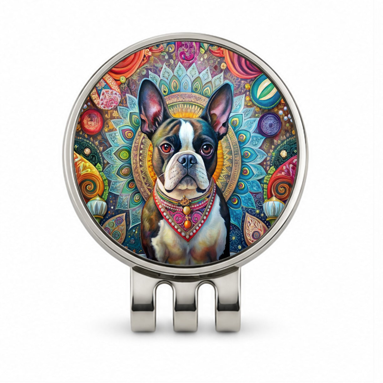 Boston Terrier Dog Bohemian Art Golf Hat Clip with Ball Marker