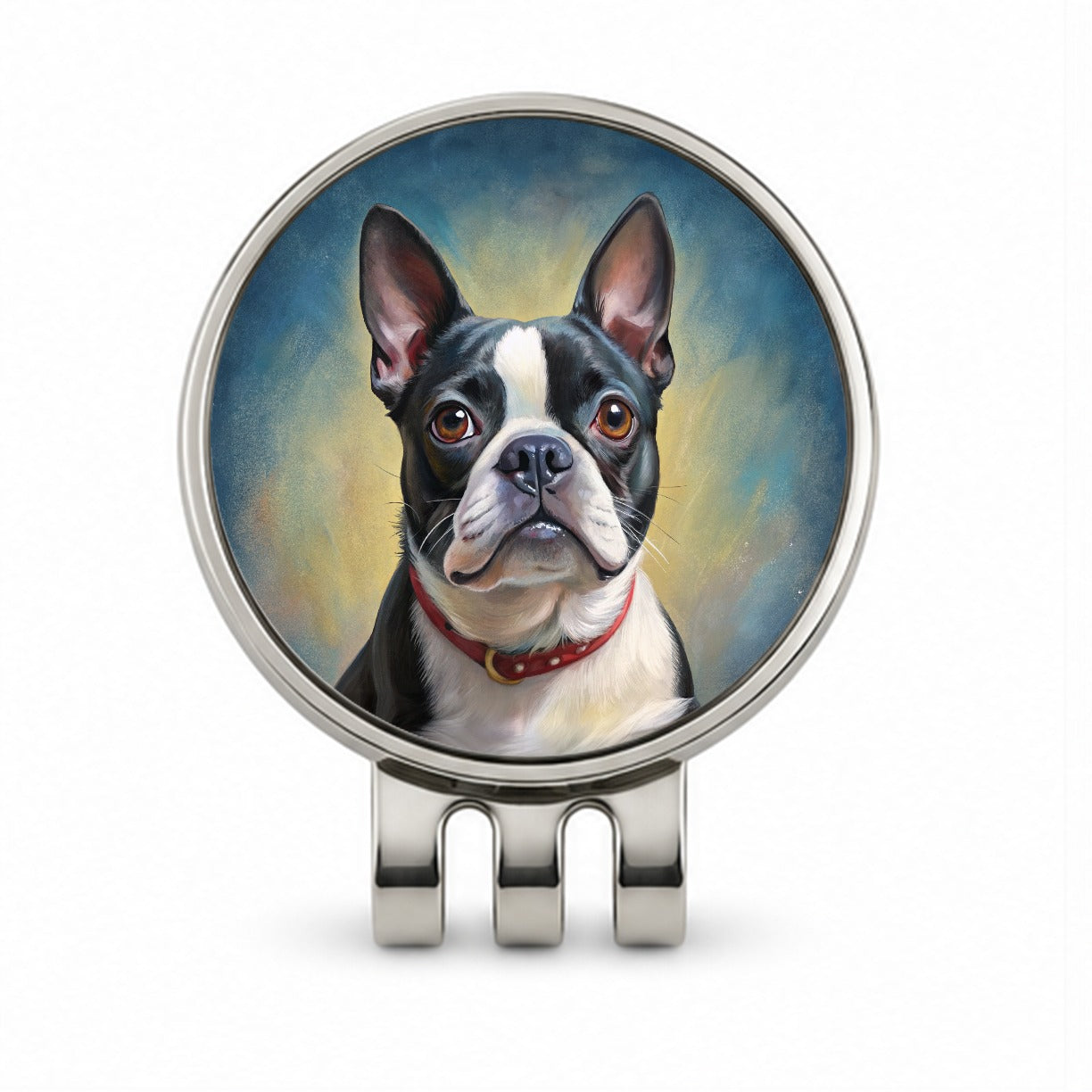 Boston Terrier Dog Illustration Golf Hat Clip with Ball Marker