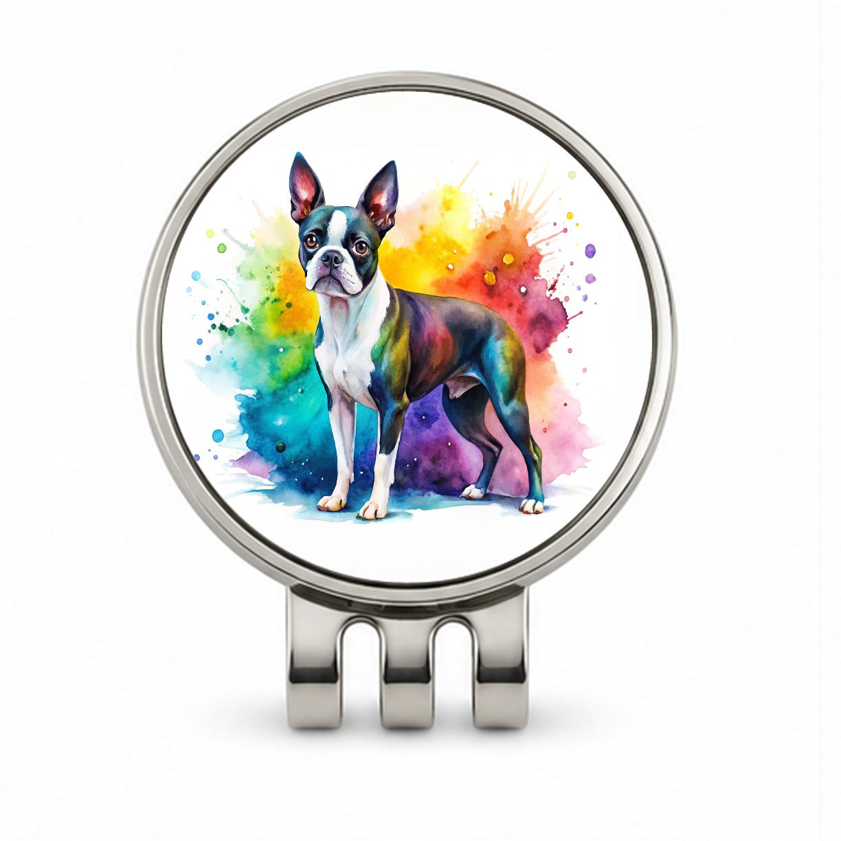 Boston Terrier Dog Watercolor Style Golf Hat Clip with Ball Marker