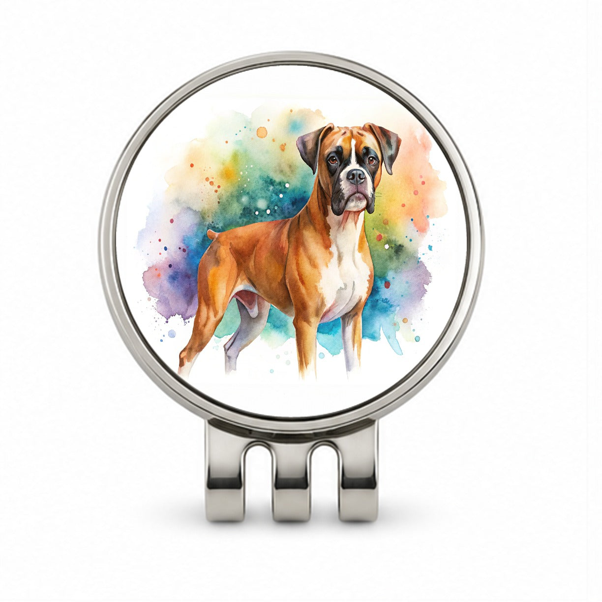 Boxer Dog Watercolor Style Golf Hat Clip with Ball Marker