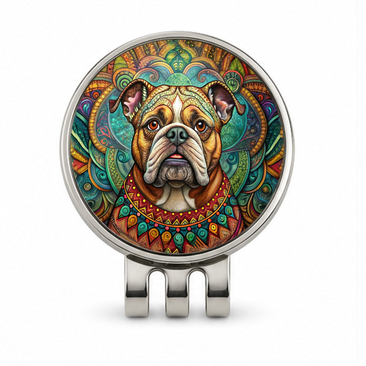Bulldog Dog Bohemian Art Golf Hat Clip with Ball Marker