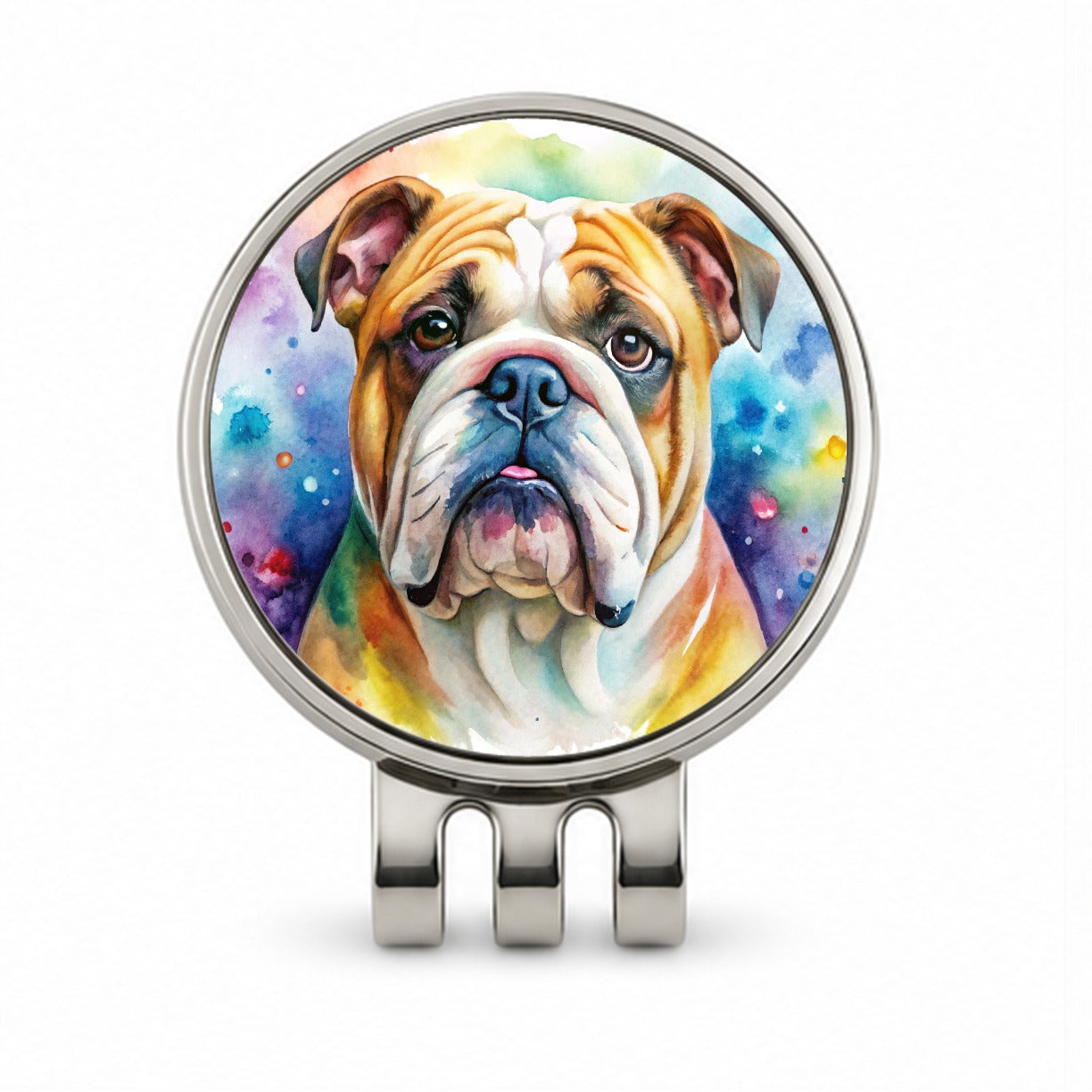 Bulldog Dog Watercolor Style Golf Hat Clip with Ball Marker