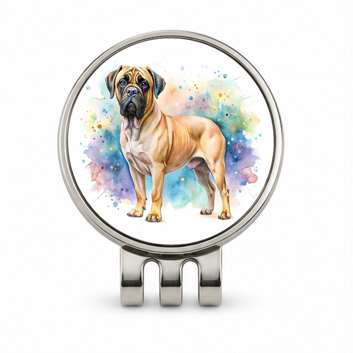 Bullmastiff Dog Watercolor Style Golf Hat Clip with Ball Marker