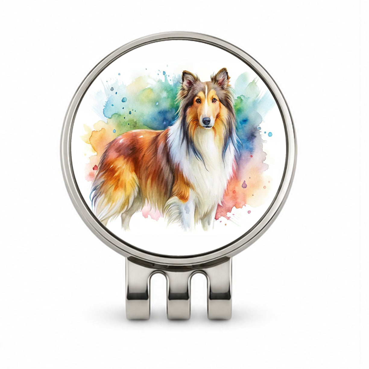 Collie Dog Watercolor Style Golf Hat Clip with Ball Marker