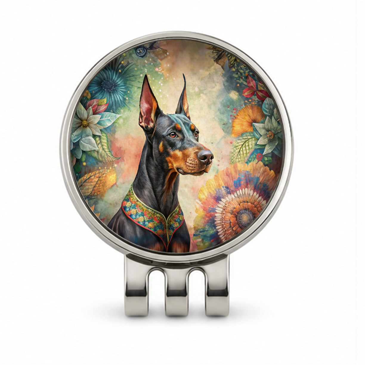 Doberman Pinscher Dog Bohemian Art Golf Hat Clip with Ball Marker