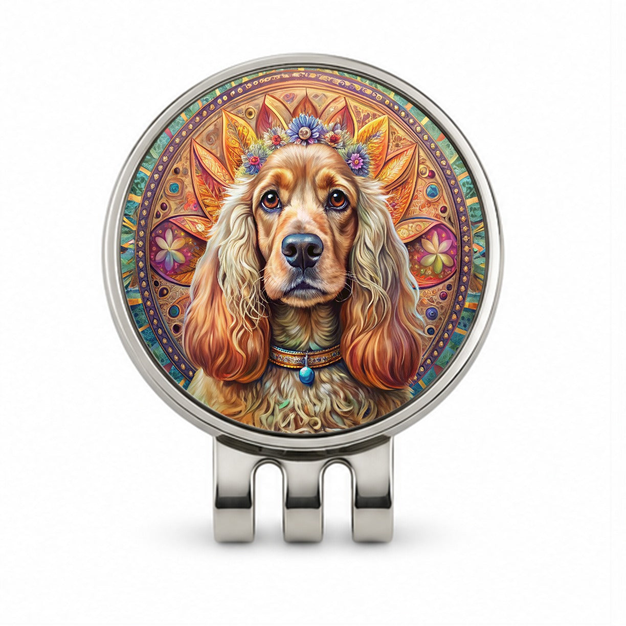 English Cocker Spaniel Dog Bohemian Art Golf Hat Clip with Ball Marker