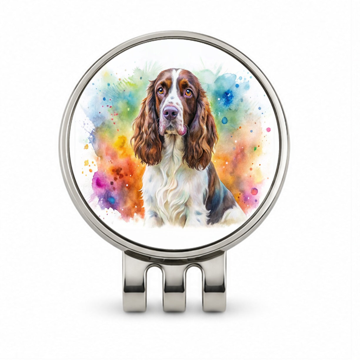 English Springer Spaniel Dog Watercolor Style Golf Hat Clip with Ball Marker