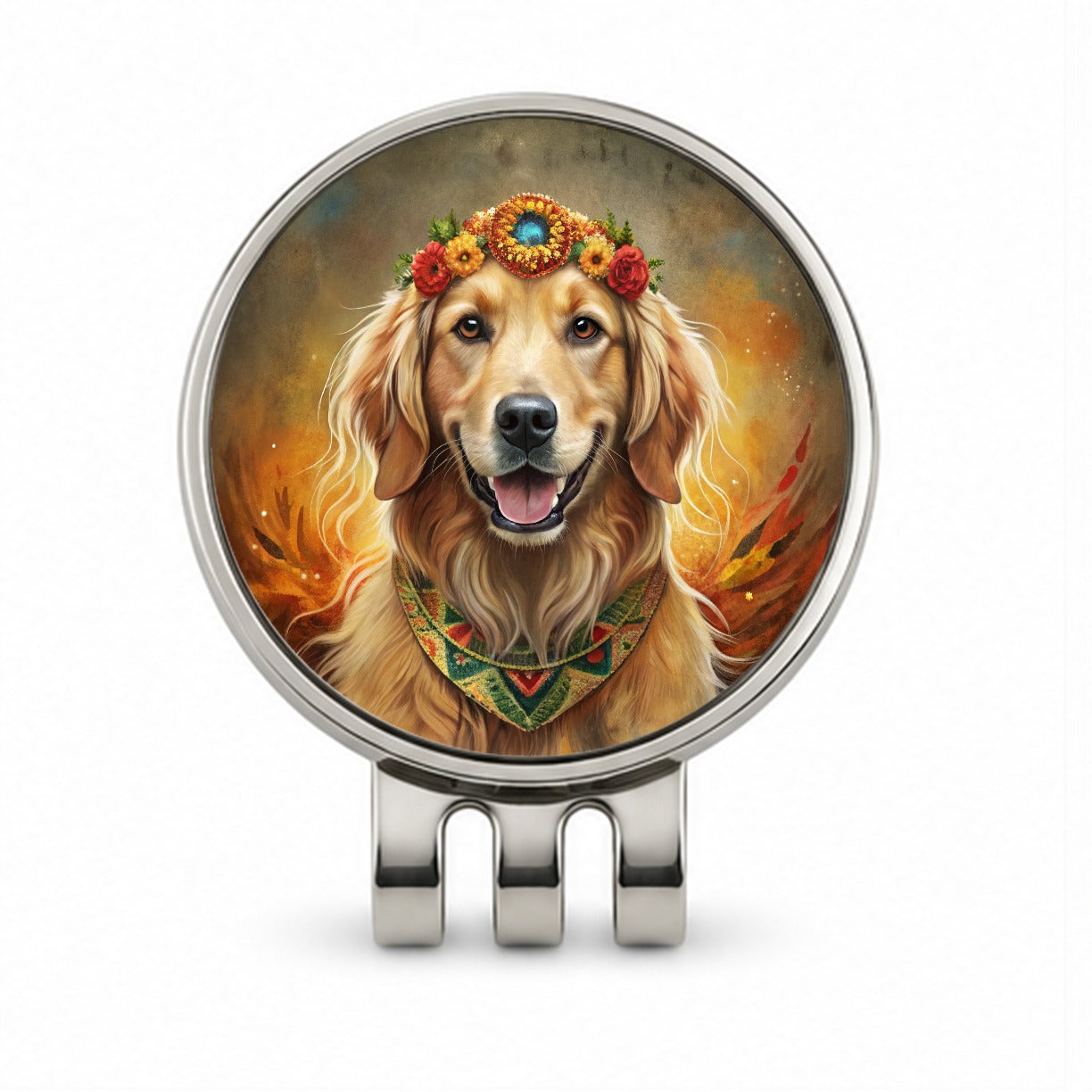 Golden Retriever Dog Bohemian Art Golf Hat Clip with Ball Marker