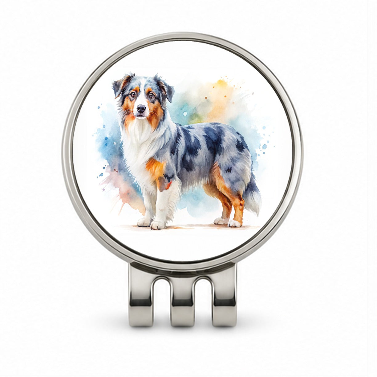 Miniature American Shepherd Dog Watercolor Style Golf Hat Clip with Ball Marker