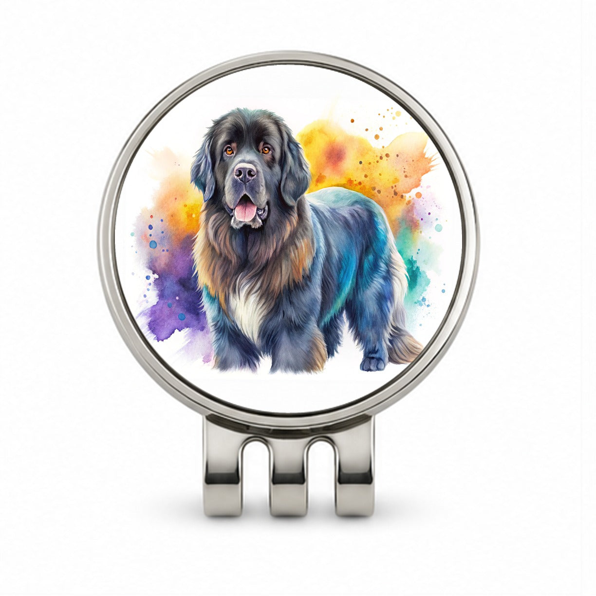 Newfoundland Dog Watercolor Style Golf Hat Clip with Ball Marker