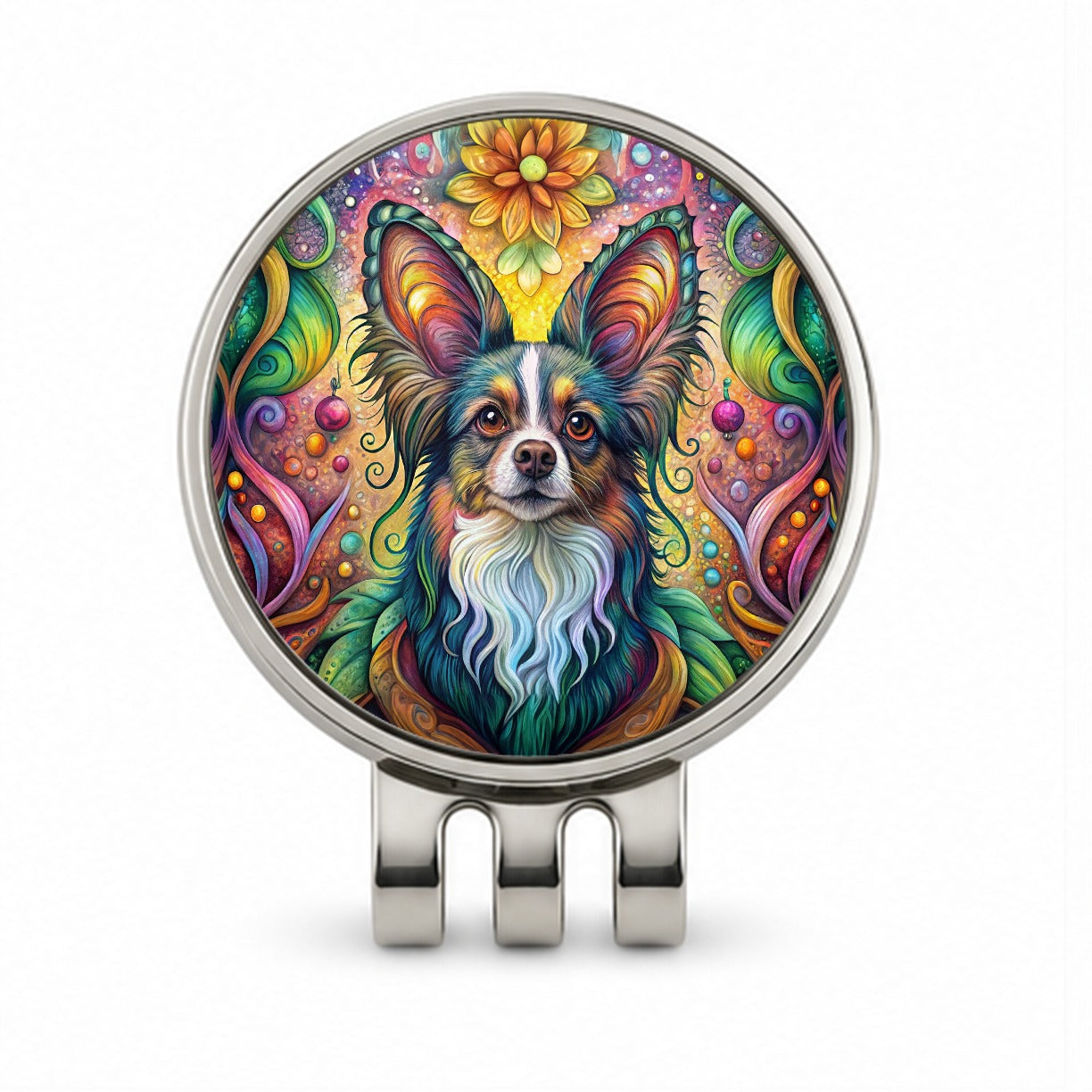 Papillion Dog Bohemian Art Golf Hat Clip with Ball Marker
