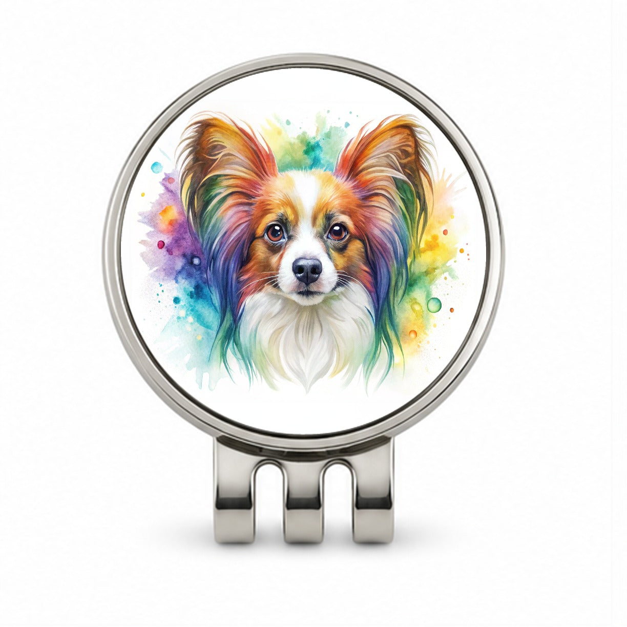 Papillion Dog Watercolor Style Golf Hat Clip with Ball Marker
