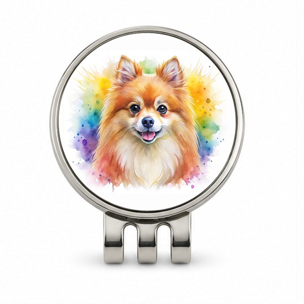 Pomeranian Dog Watercolor Style Golf Hat Clip with Ball Marker