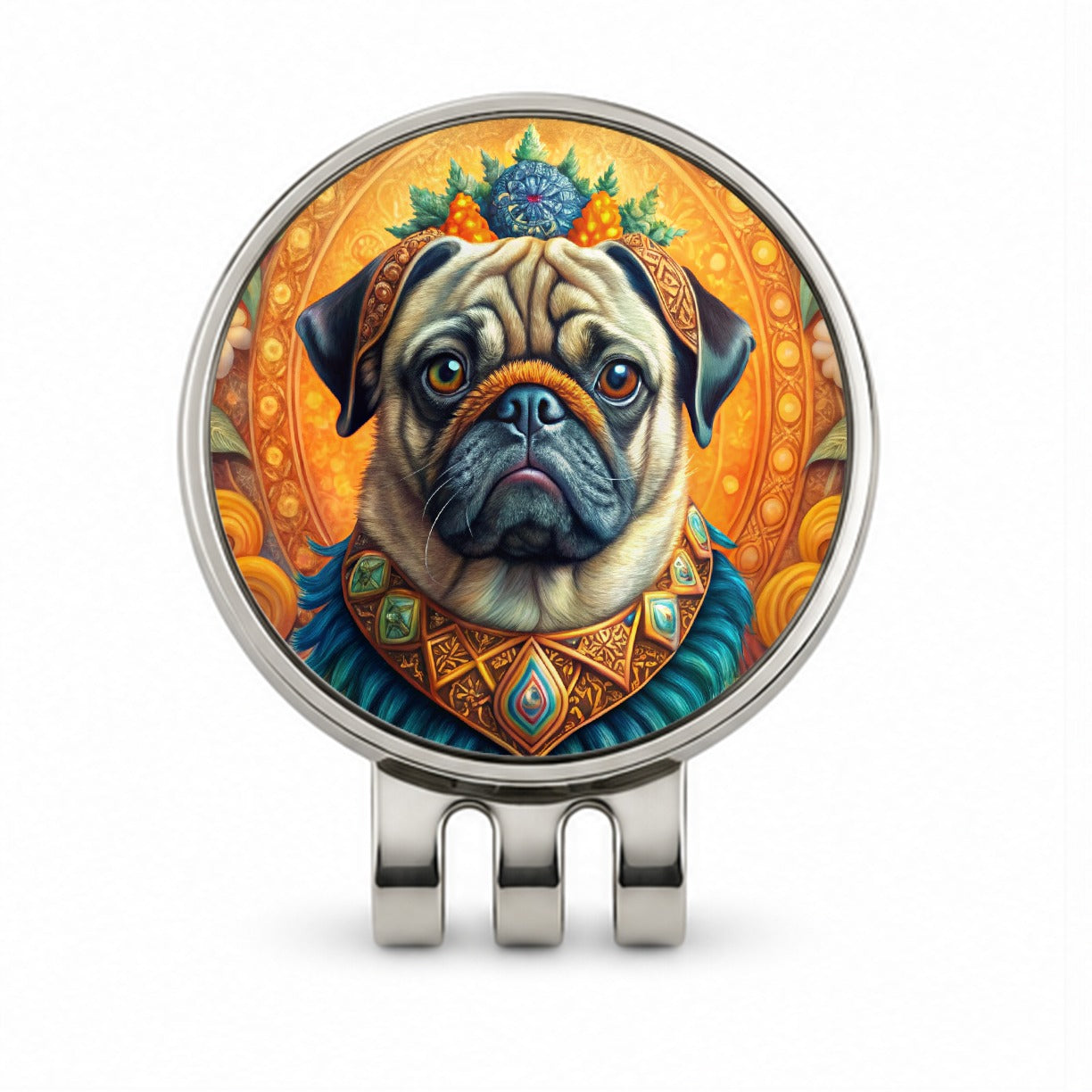 Pug Dog Bohemian Art Golf Hat Clip with Ball Marker