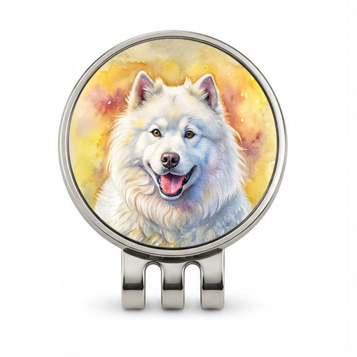 Samoyed Dog Illustration Golf Hat Clip with Ball Marker
