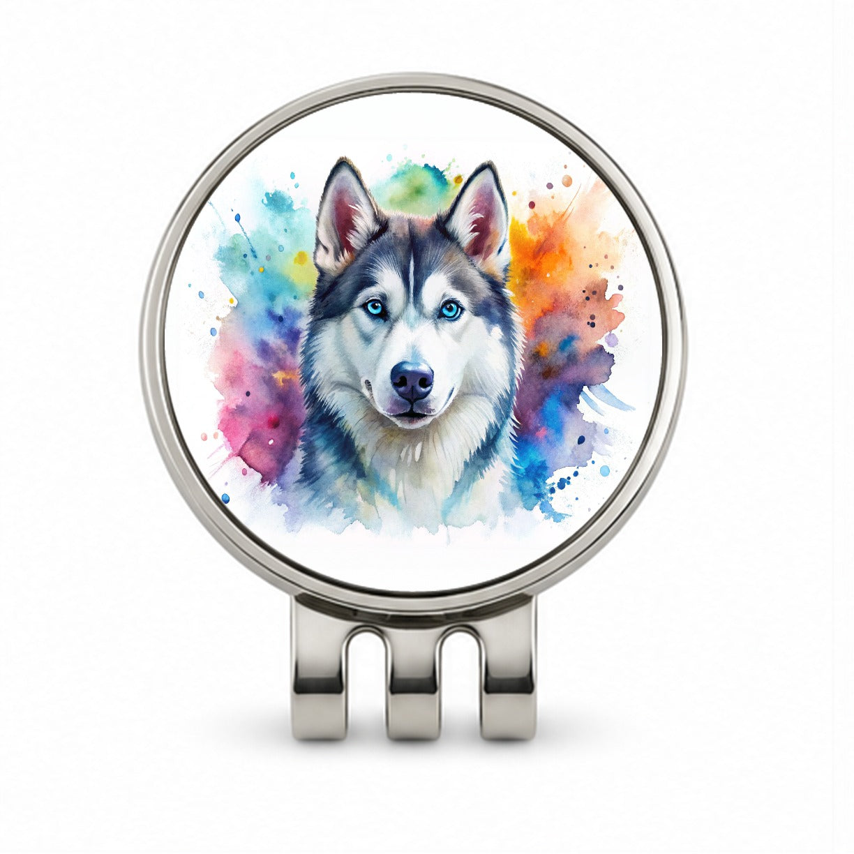 Siberian Husky Dog Watercolor Style Golf Hat Clip with Ball Marker