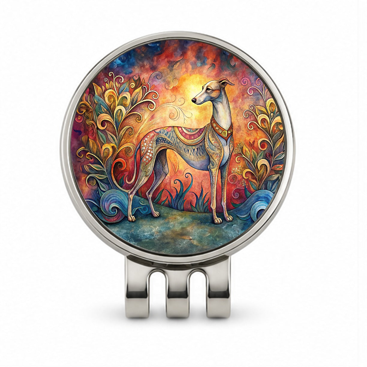 Whippet Dog Bohemian Art Golf Hat Clip with Ball Marker