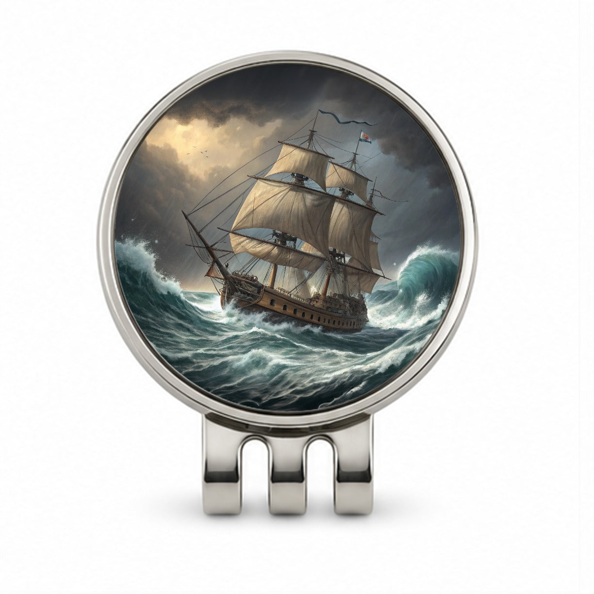 18th Century Sailing Ship Frigate In A Stormy Sea Golf Hat Clip with Ball Marker