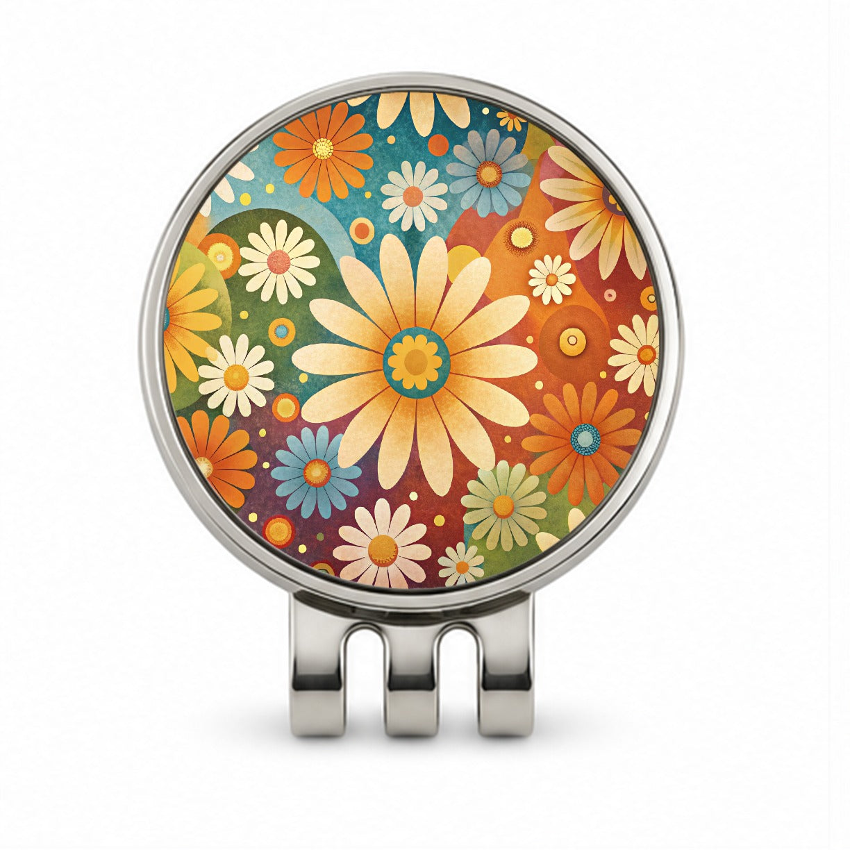 70's Retro Groovy Hippie Daisies Floral Design Golf Hat Clip with Ball Marker