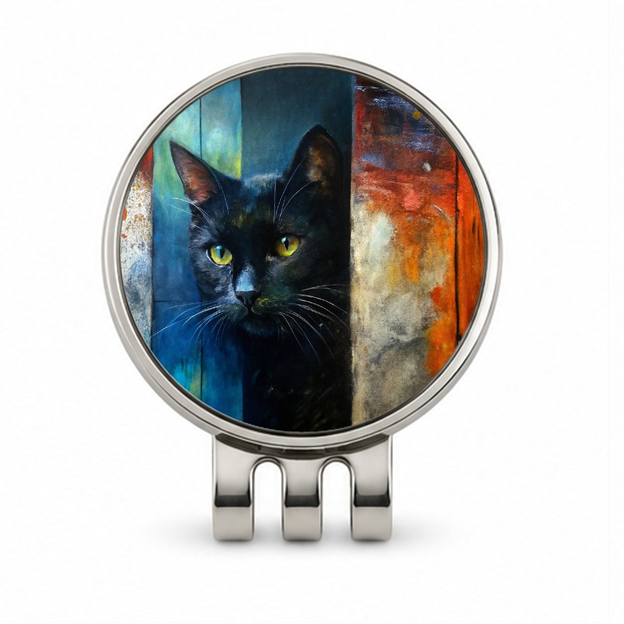 Black Cat Peaking Behind Door Abstract Art Golf Hat Clip with Ball Marker