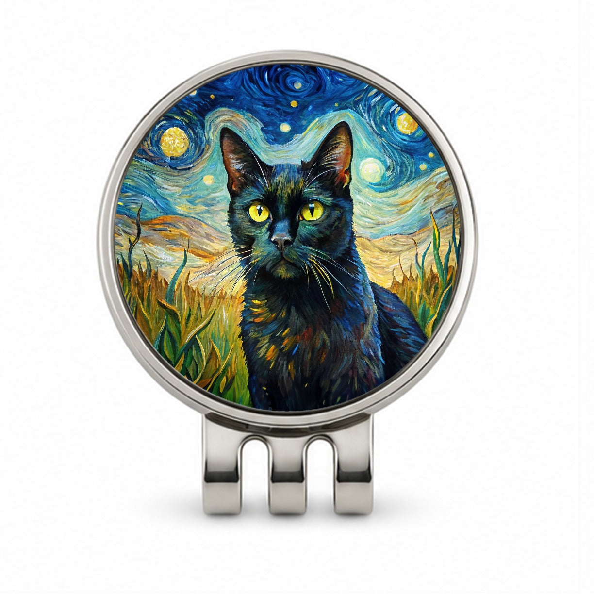 Black Cat Van Gogh Style Painting Golf Hat Clip with Ball Marker