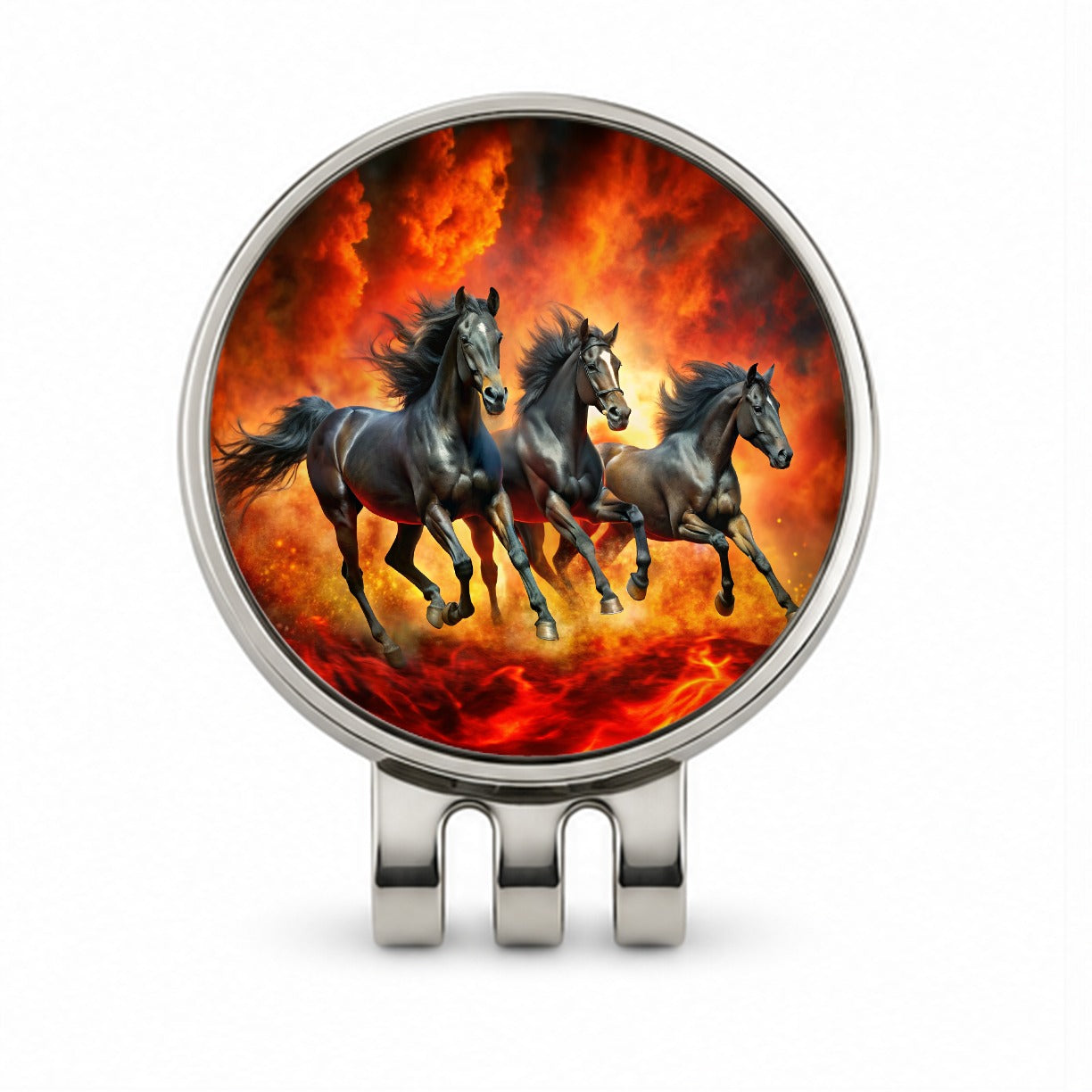 Black Horses Galloping Out of Fire Golf Hat Clip with Ball Marker