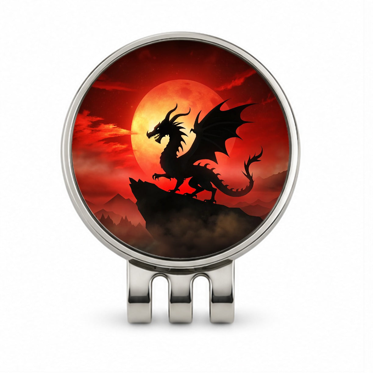 Dragon Silhouette Against A Red Sky Golf Hat Clip with Ball Marker