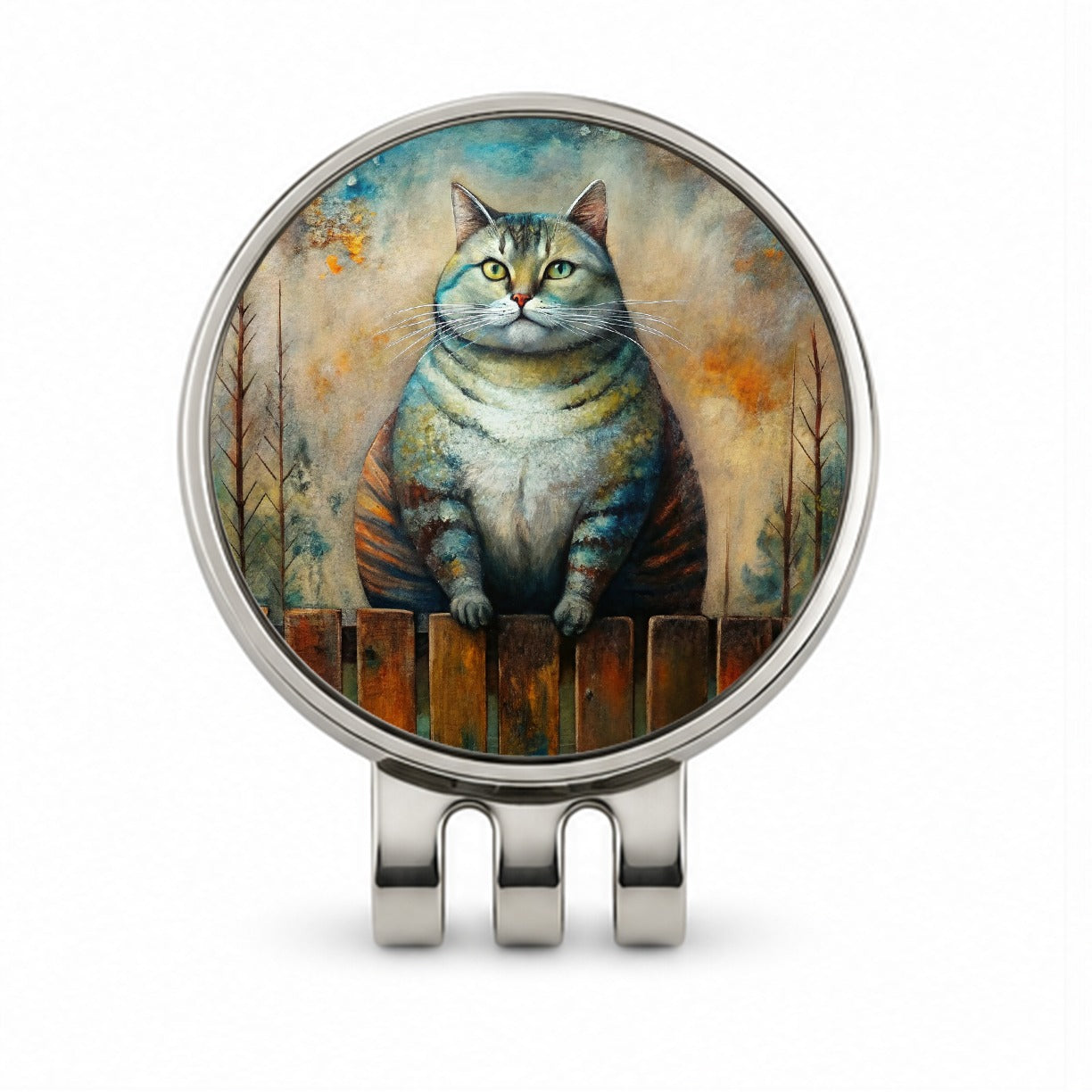 Fat Chunky Alley Cat Sitting On Fence Abstract Art Golf Hat Clip with Ball Marker