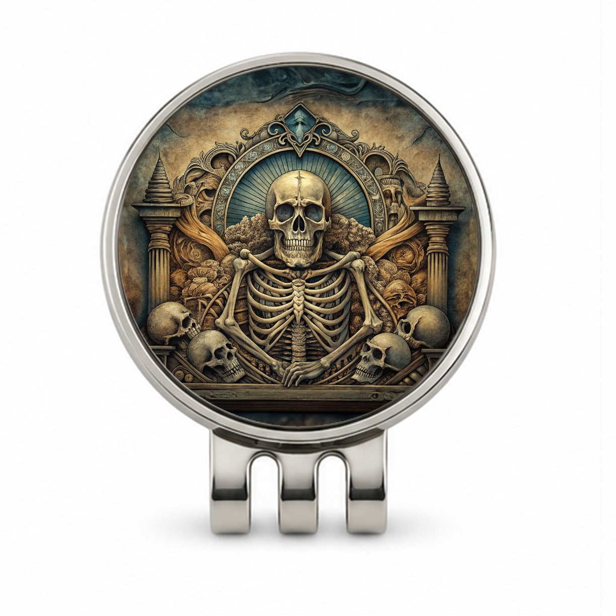 Gothic Ancient Skull Skeleton Bones Illustration Golf Hat Clip with Ball Marker
