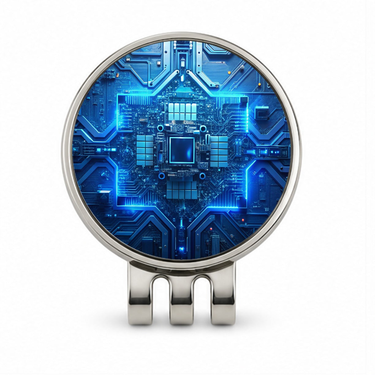 Intricate Blue Circuit Board Golf Hat Clip with Ball Marker