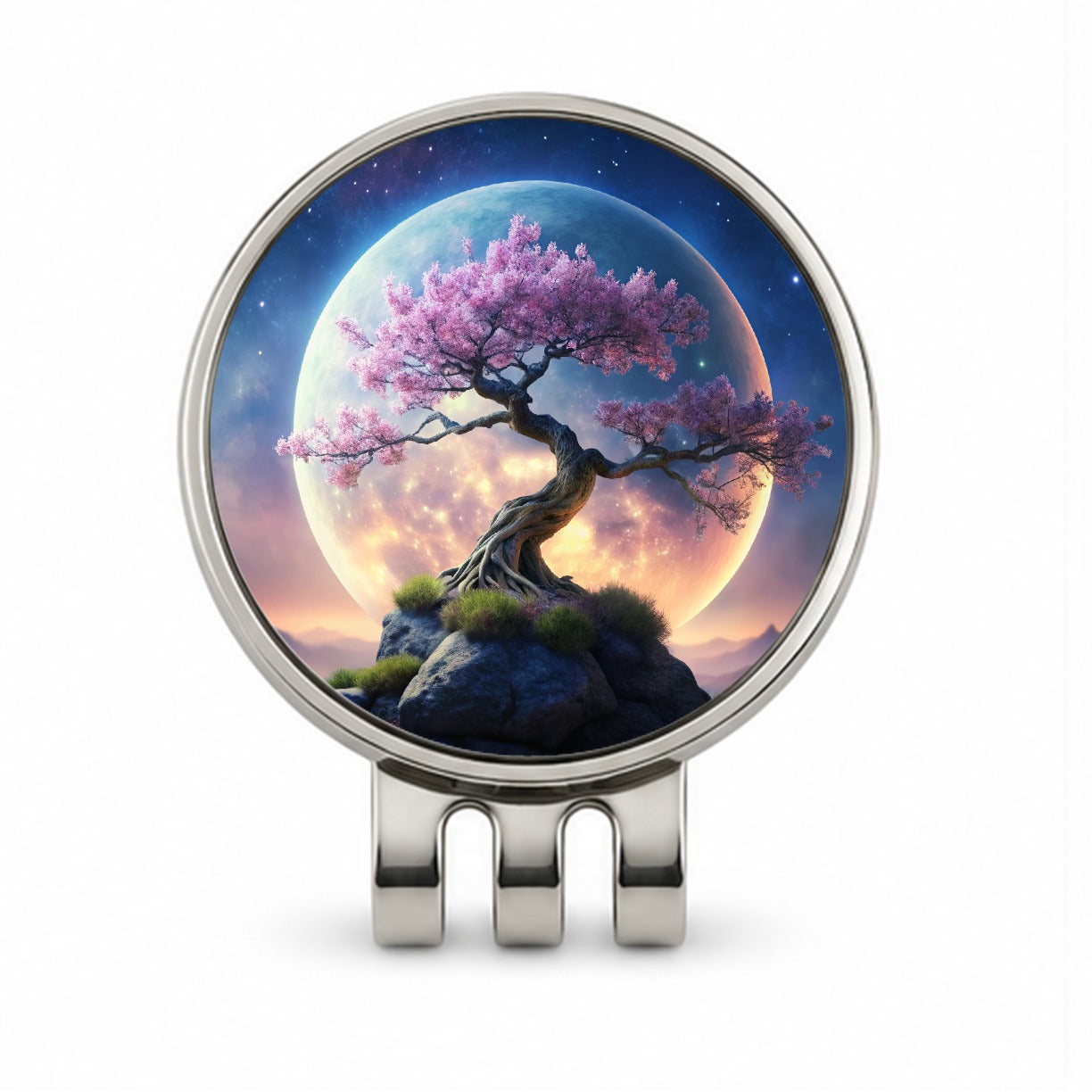 Japanese Bonsai Tree With Pink Flowers On Hill Under Large Moon Golf Hat Clip with Ball Marker