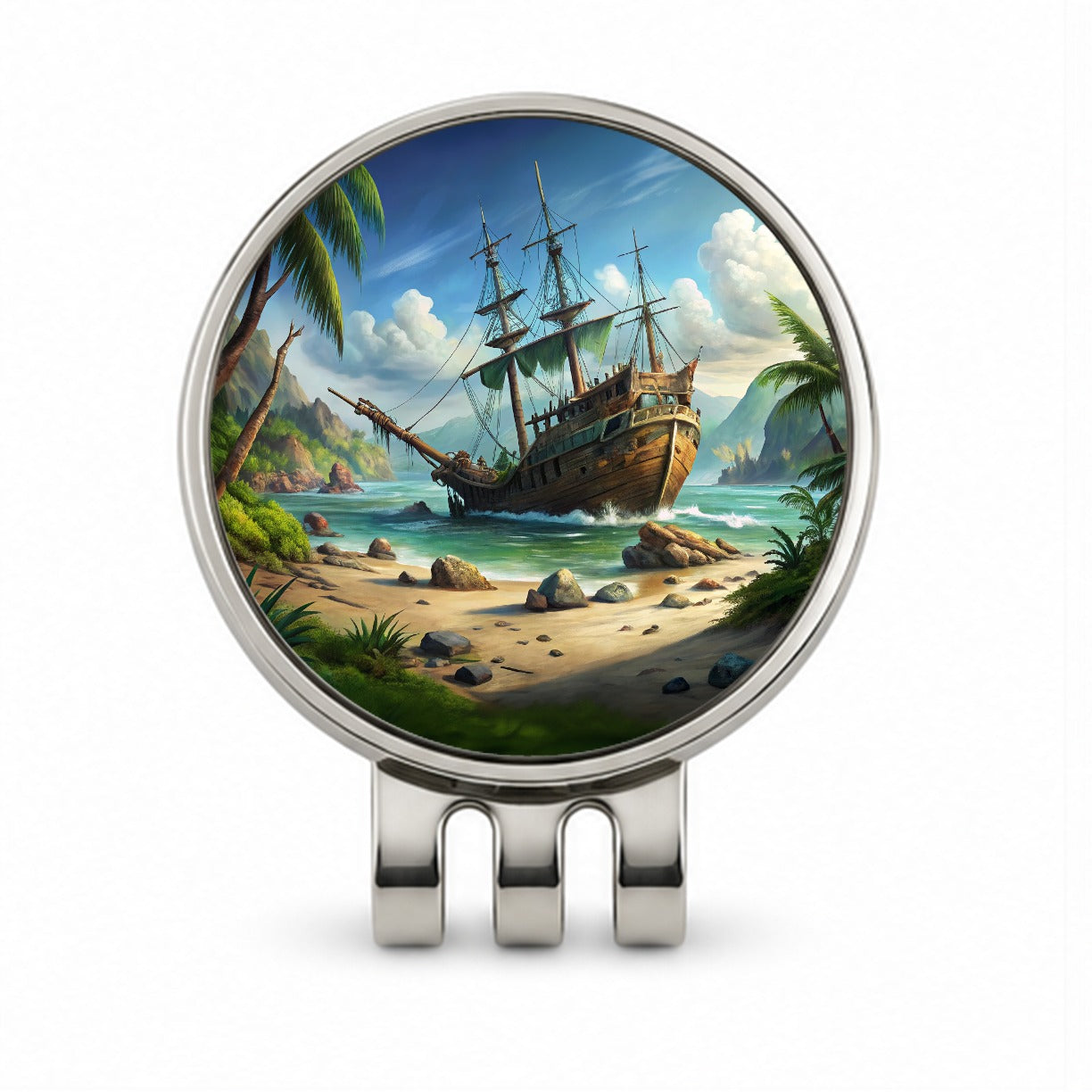 Pirate Sailing Ship Shipwreck Golf Hat Clip with Ball Marker