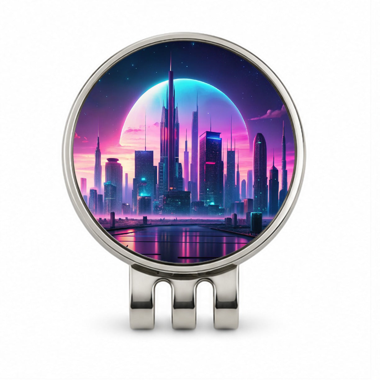 Purple Neon Sci-fi City Horizon Golf Hat Clip with Ball Marker