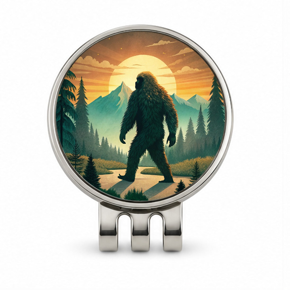 Retro Bigfoot Walking In The Woods At Sunset Golf Hat Clip with Ball Marker
