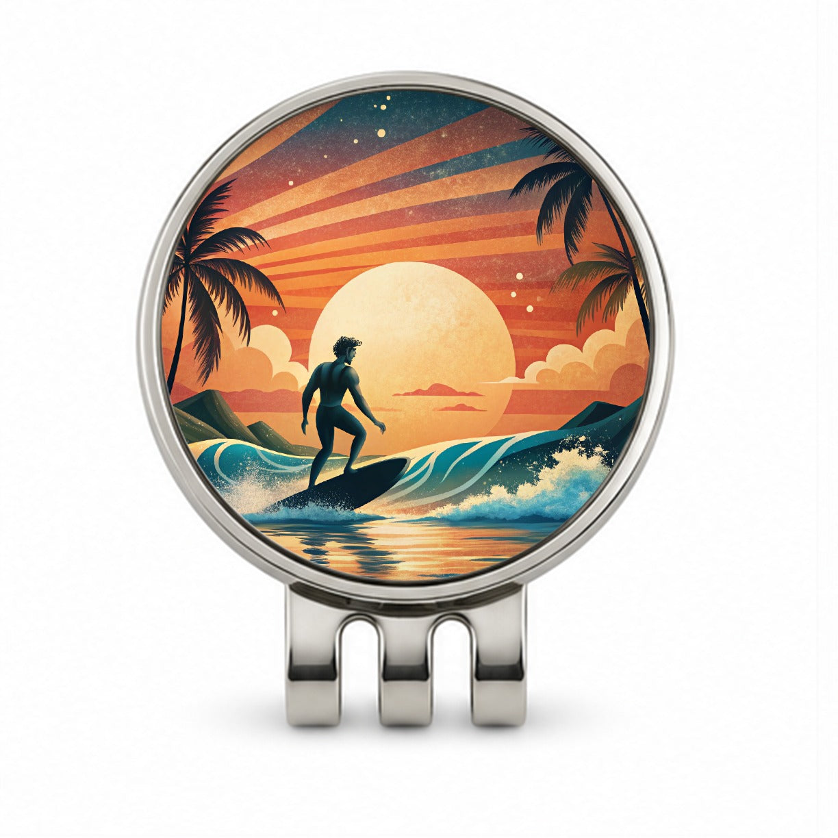 Retro Surfer Beach Tropical Sunset Illustration Golf Hat Clip with Ball Marker